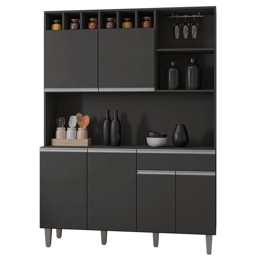 Kit Cozinha Compacta 130cm Com 6 Portas 1 Gaveta  Alice Cinza Escuro - AJL Móveis