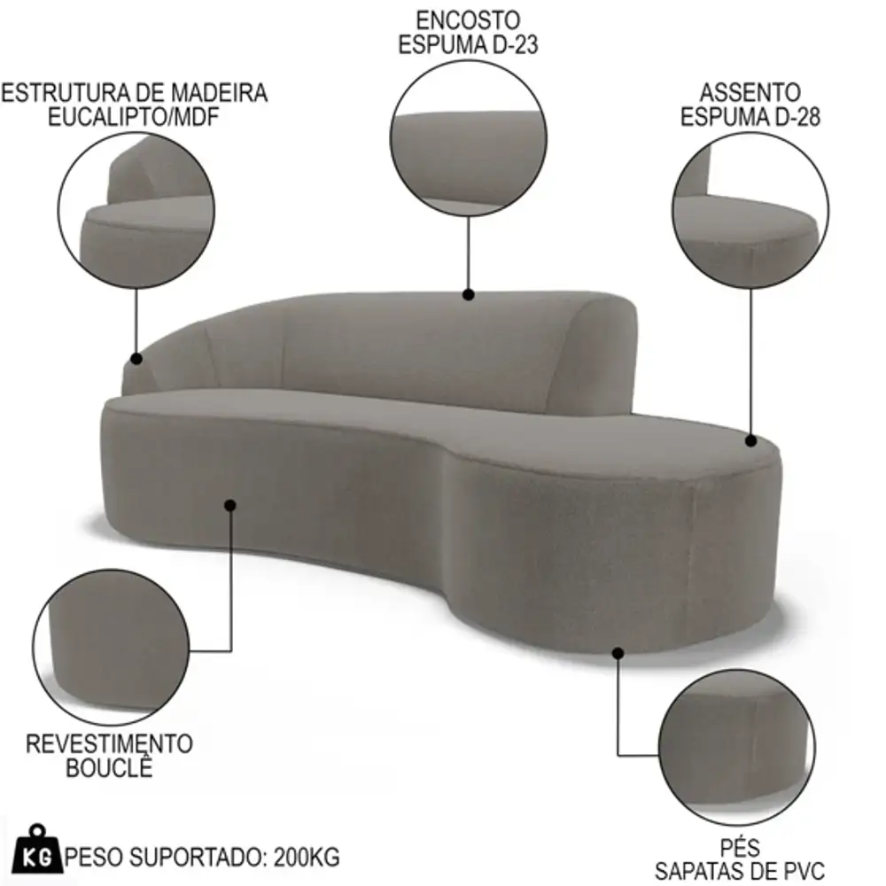 Sofá Living  2 Lugares 180cm Braço Esquerdo Mozart D06 Boucle Bege Escuro - Mpozenato
