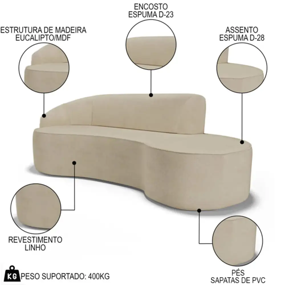 Sofá Living  4 Lugares 300cm Braço Esquerdo Mozart D06 Linho Bege Escuro - Mpozenato