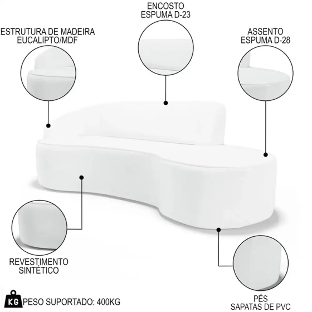 Sofá Living  4 Lugares 280cm Braço Esquerdo Mozart D06 Sintético Branco - Mpozenato