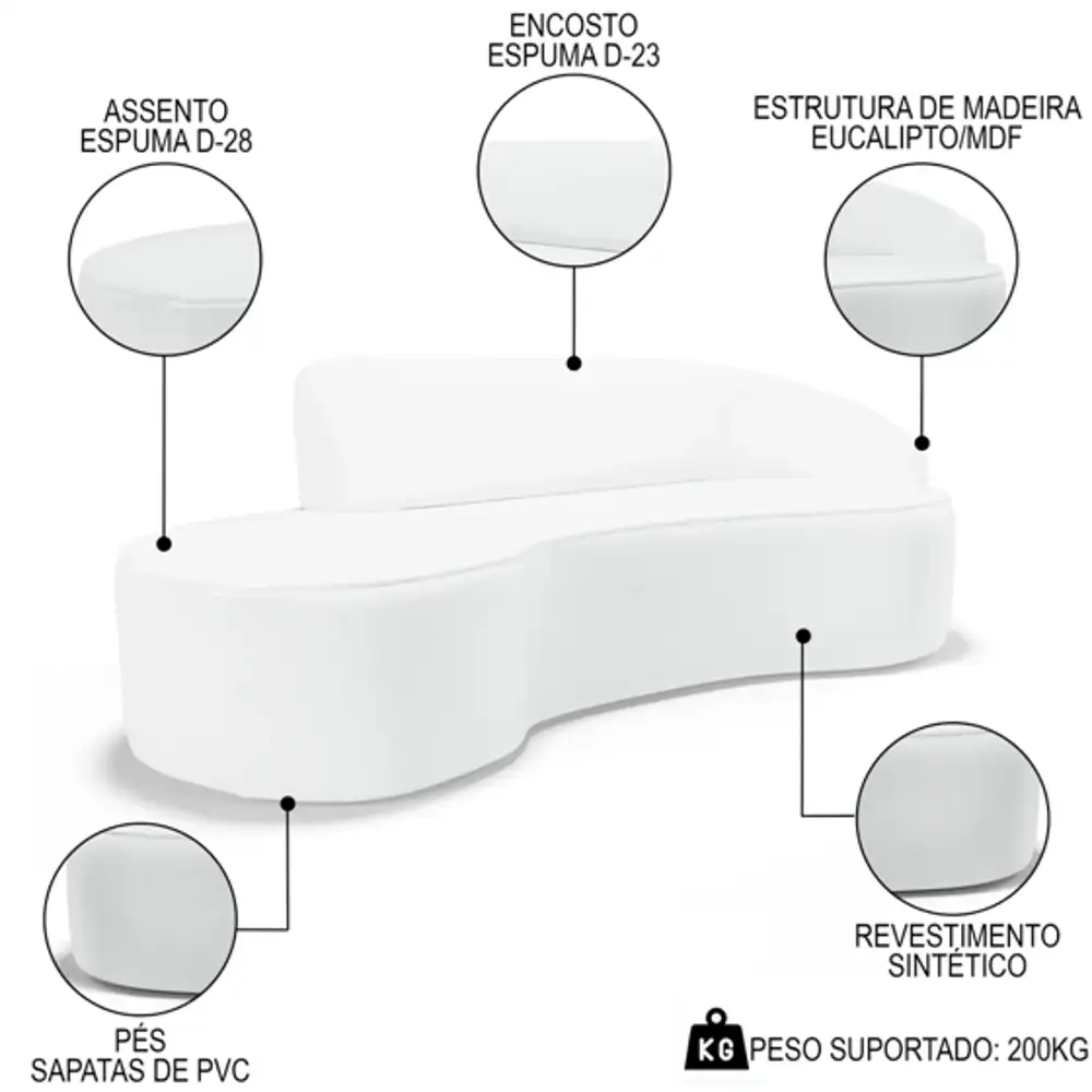 Sofá Living  2 Lugares 180cm Braço Direito Mozart D06 Sintético Branco - Mpozenato