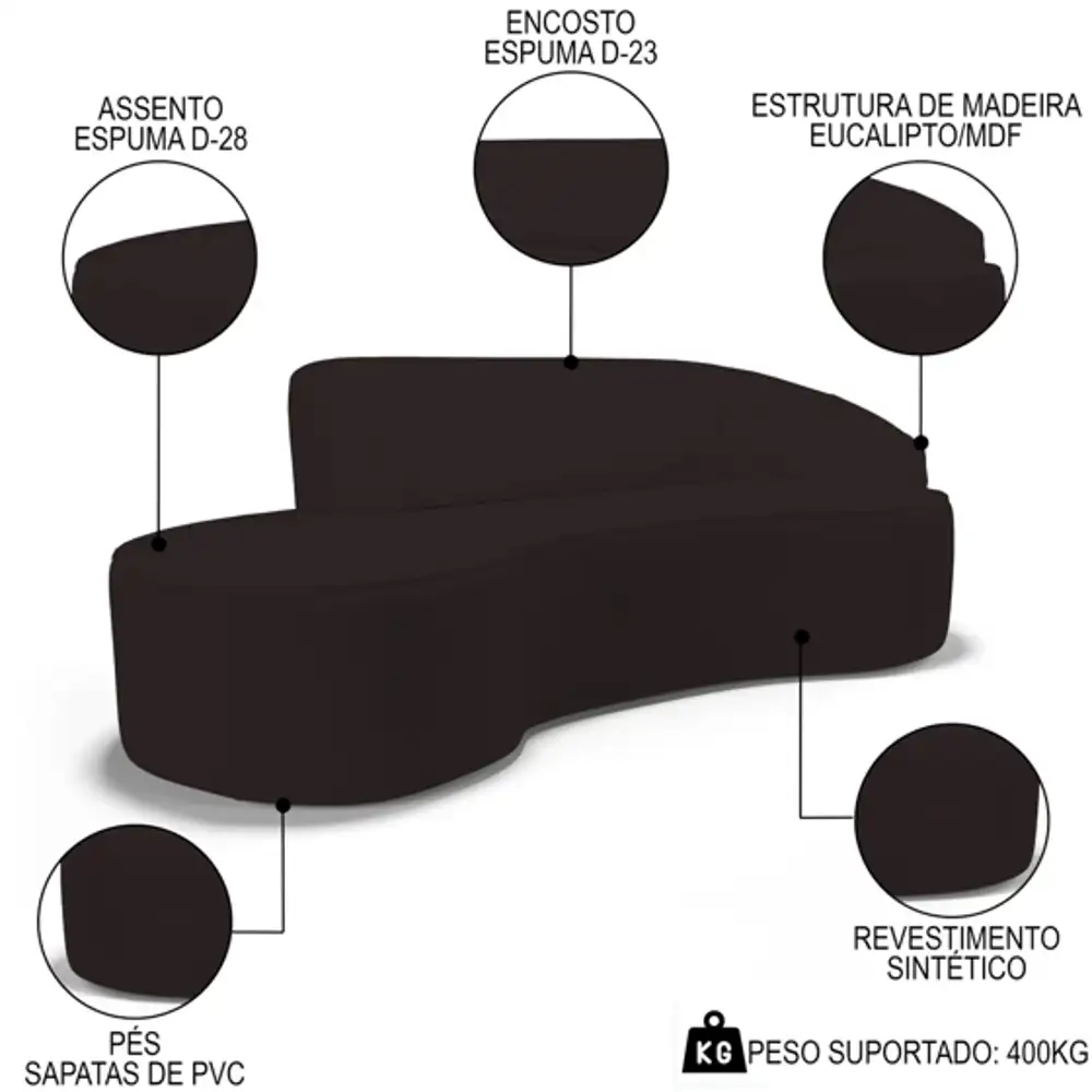 Sofá Living  4 Lugares 300cm Braço Direito Mozart D06 Sintético Marrom - Mpozenato