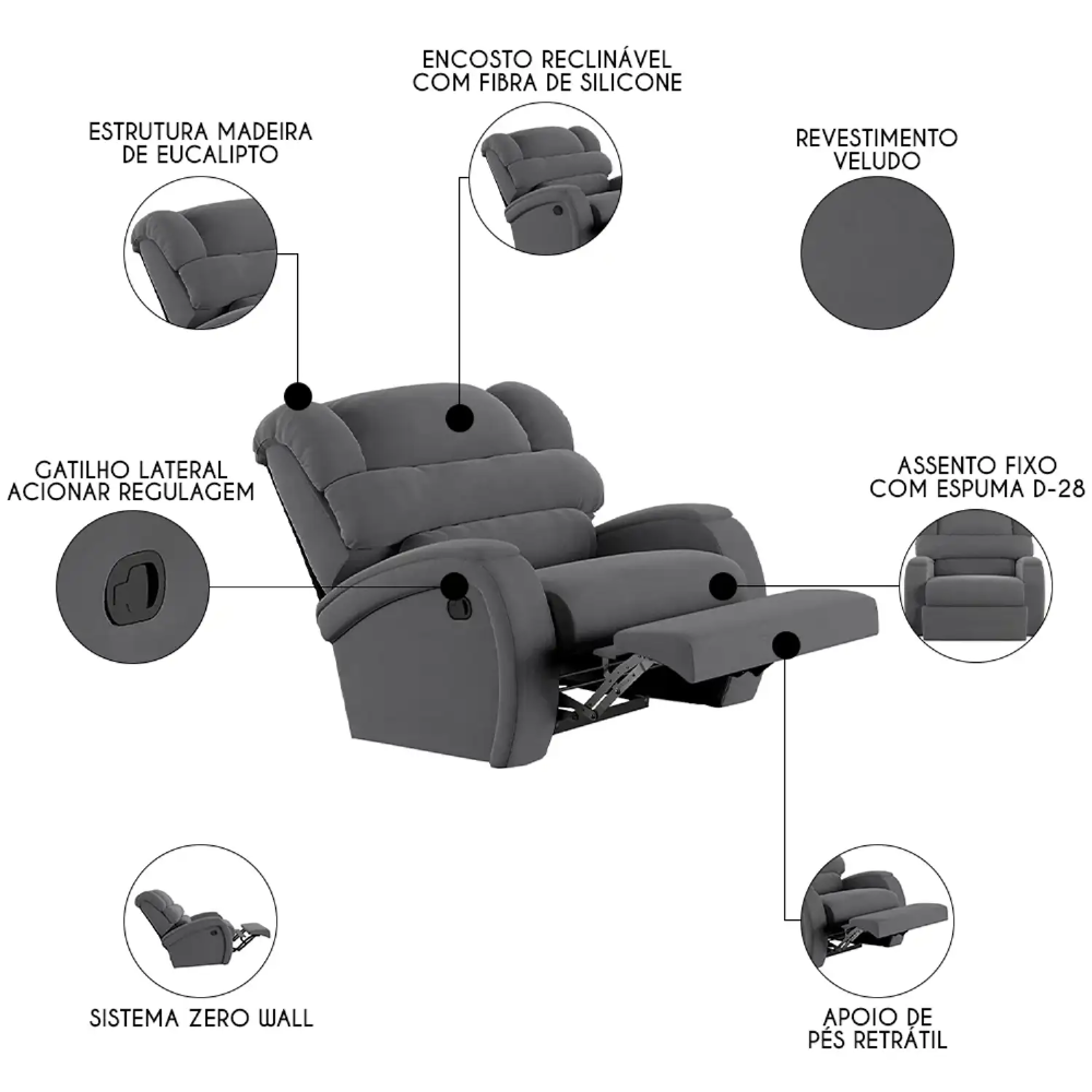 Poltrona do Papai Reclinável Kalie Manual Gatilho FH9 Veludo Cinza - Mpozenato