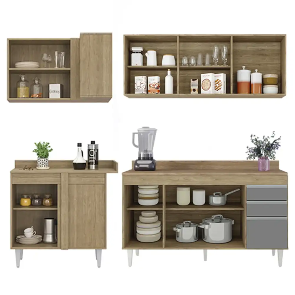 Armário de Cozinha Modulado de Canto Direito 4 Peças CP41 Balcão com Tampo Castanho/Cinza - Lumil