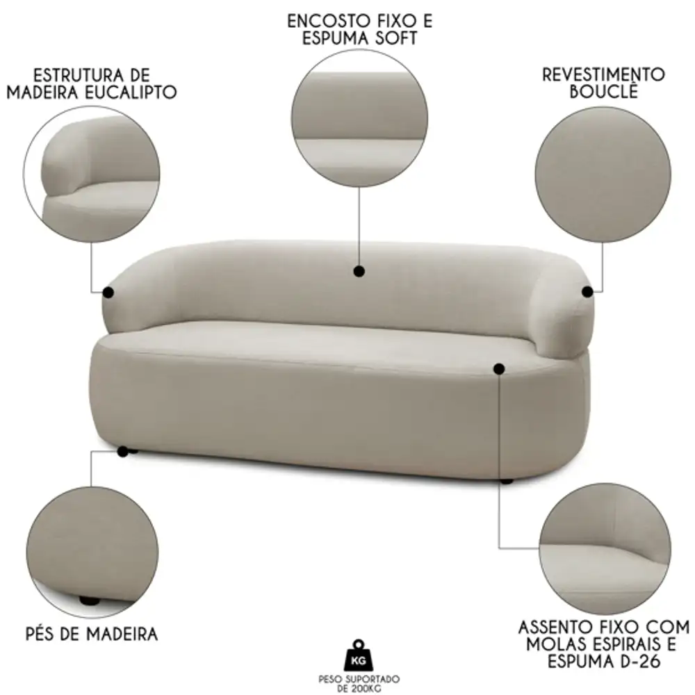 Sofá 2 Lugares Living Orgânico Sala de Estar 140cm Conka F05 Boucle Bege - Mpozenato