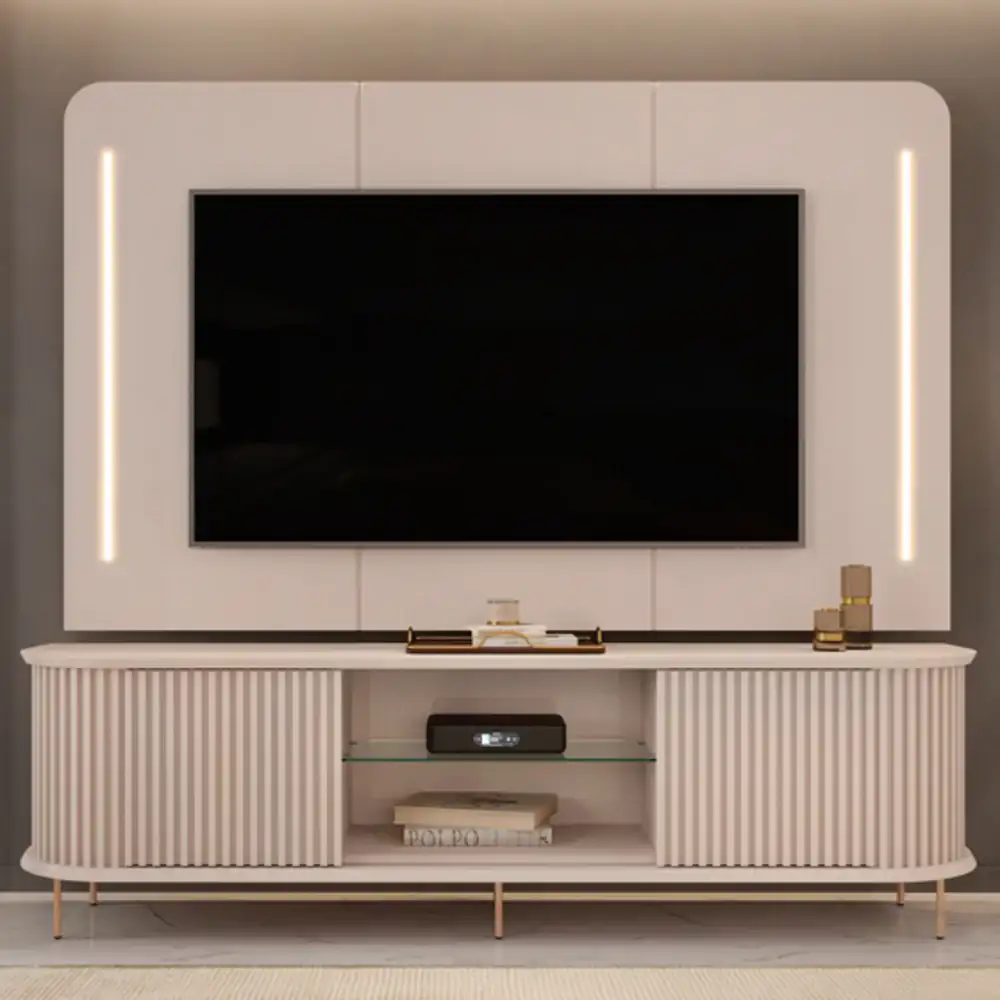 Painel Para TV 75 Pol e Rack Bancada Ripado 218cm World D04 Off White - Mpozenato