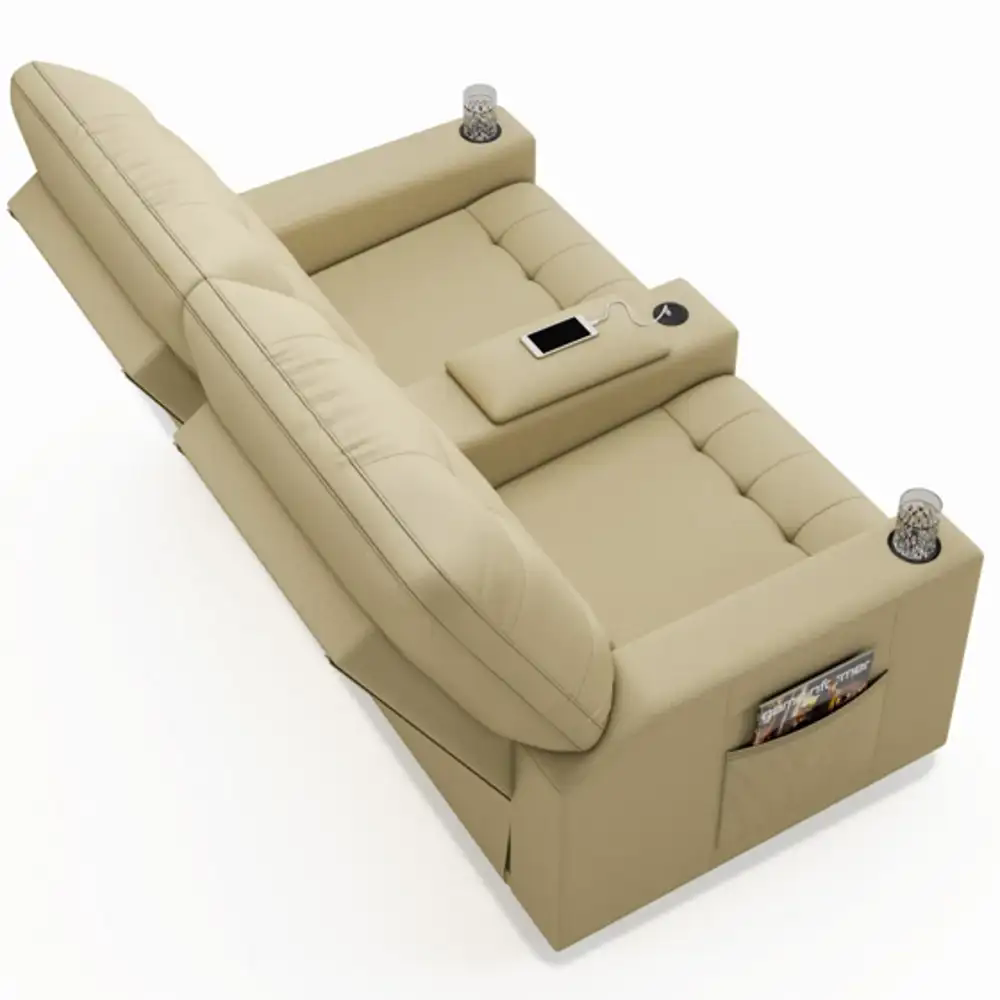 Poltrona de Cinema Reclinável 2 Lugares Baú USB Mallie FH9 PU Bege - Mpozenato