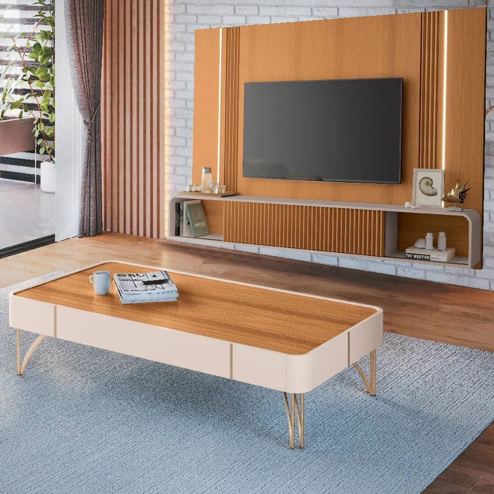 Painel Para TV 85 Pol Vivaz e Mesa de Centro Alane H01 Off White/Cinamomo - Mpozenato