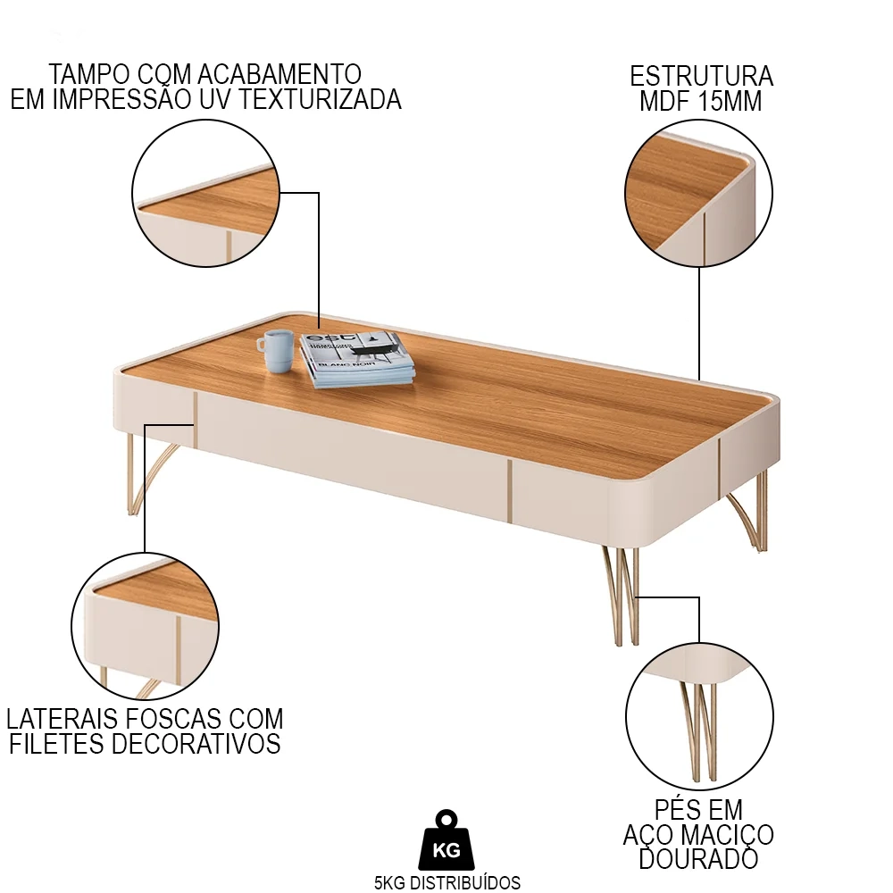 Mesa de Centro Para Sala Com Pés de Aço Alane H01 Off White/Cinamomo - Mpozenato