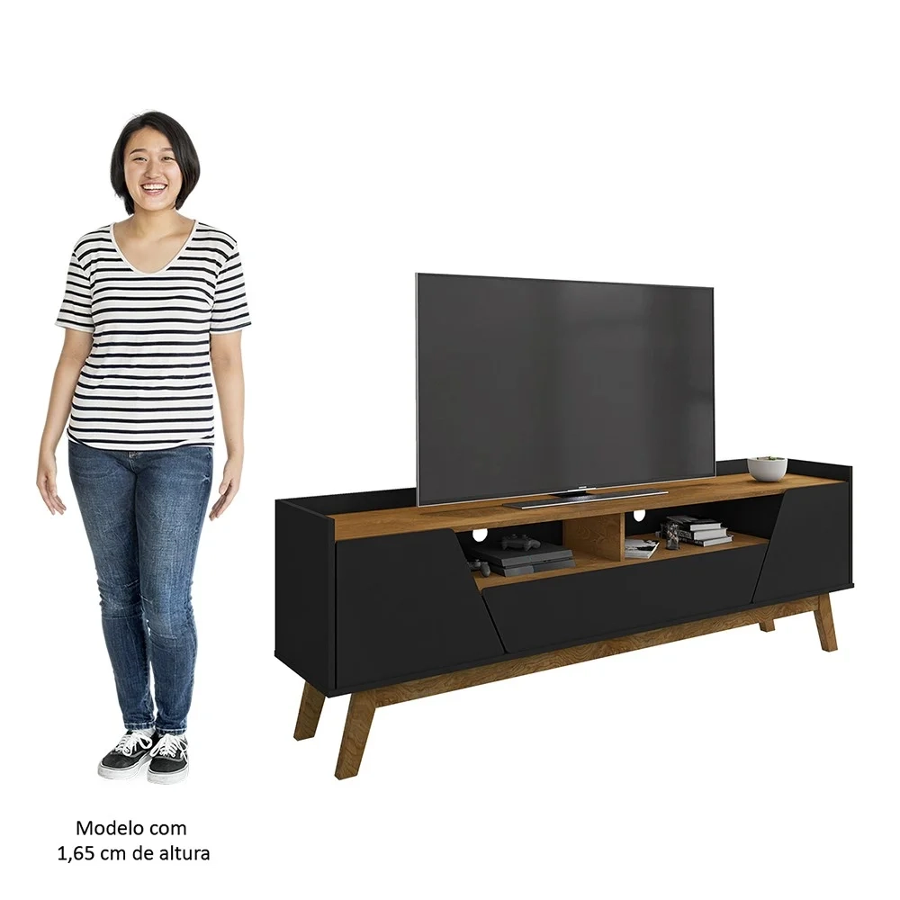 Rack Bancada para TV 70 Pol Pés Retrô 180cm Flora B02 Preto/Naturalle - Mpozenato