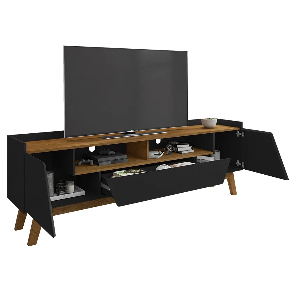 Rack Bancada para TV 70 Pol Pés Retrô 180cm Flora B02 Preto/Naturalle - Mpozenato