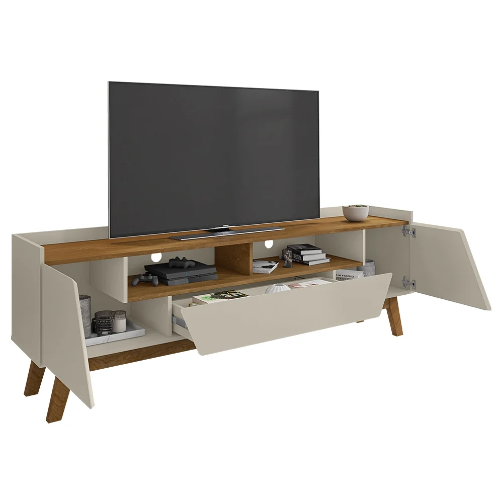Rack Bancada para TV 70 Pol Pés Retrô 180cm Flora B02 Off White/Naturalle - Mpozenato