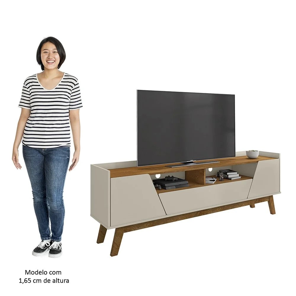 Rack Bancada para TV 70 Pol Pés Retrô 180cm Flora B02 Off White/Naturalle - Mpozenato