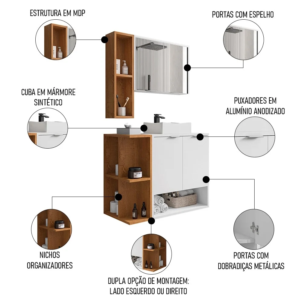 Gabinete de Banheiro com Cuba e Espelheira Lizzi B02 Branco/Naturalle - Mpozenato