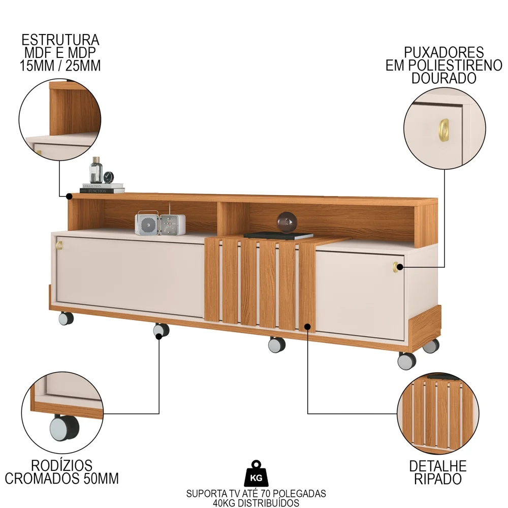 Rack Bancada Para TV 70 Pol Com Rodízios Analu H01 Off White/Cinamomo - Mpozenato