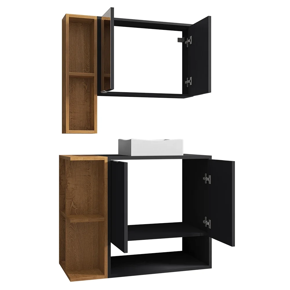 Gabinete de Banheiro com Cuba e Espelheira Lizzi B02 Preto Fosco/Naturalle - Mpozenato