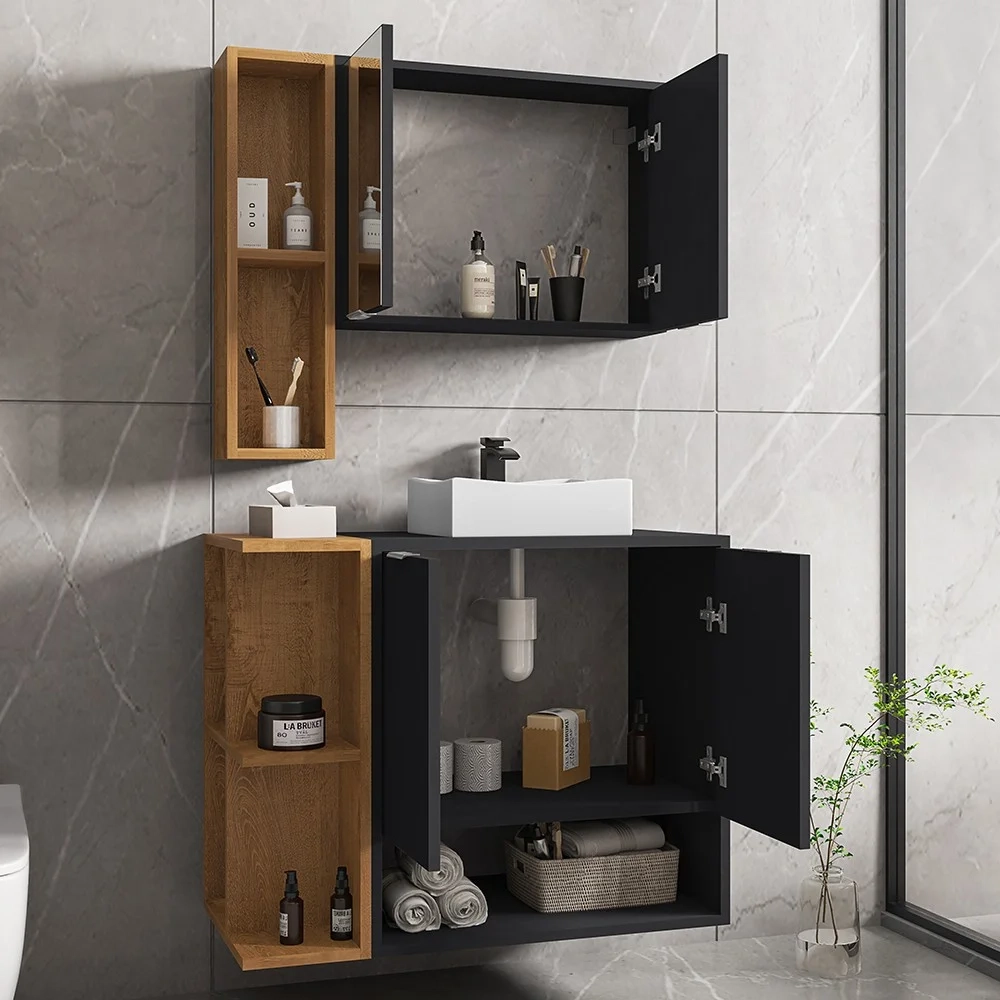 Gabinete de Banheiro com Cuba e Espelheira Lizzi B02 Preto Fosco/Naturalle - Mpozenato