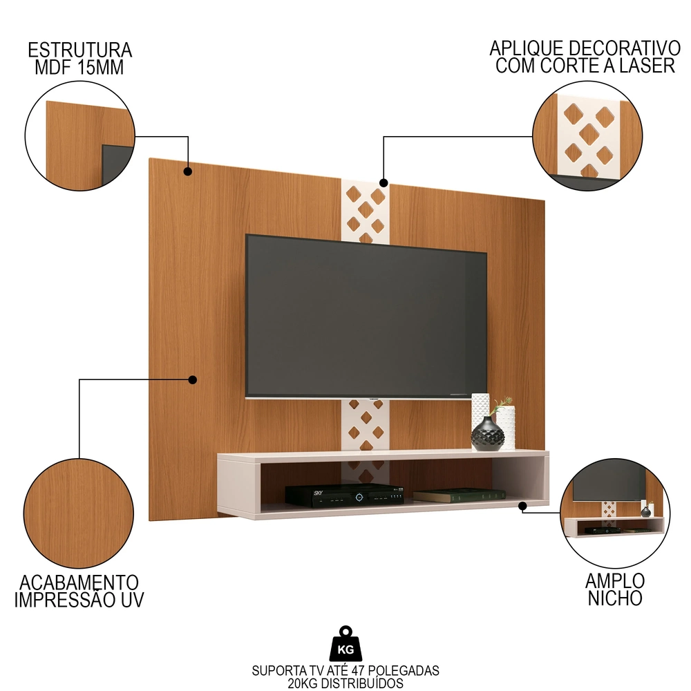 Painel para TV Suspenso 47 Pol. Com Nicho Format H01 Off White/Cinamomo - Mpozenato