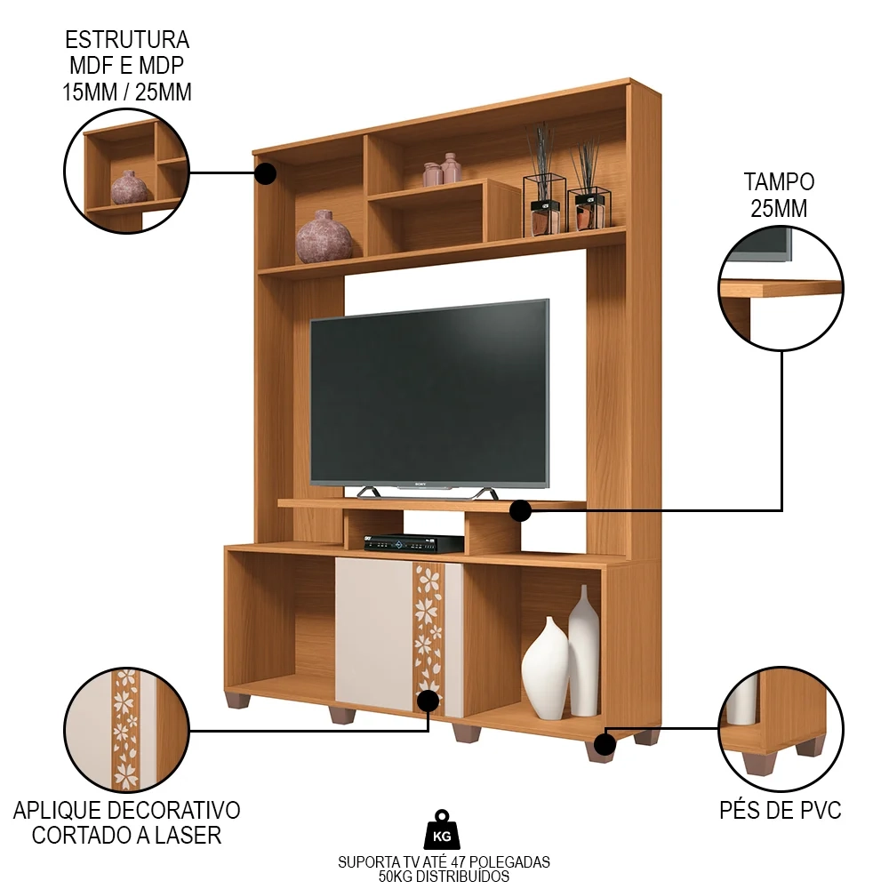 Estante Para TV 47 Pol. 136cm Milys H01 Off White/Cinamomo - Mpozenato