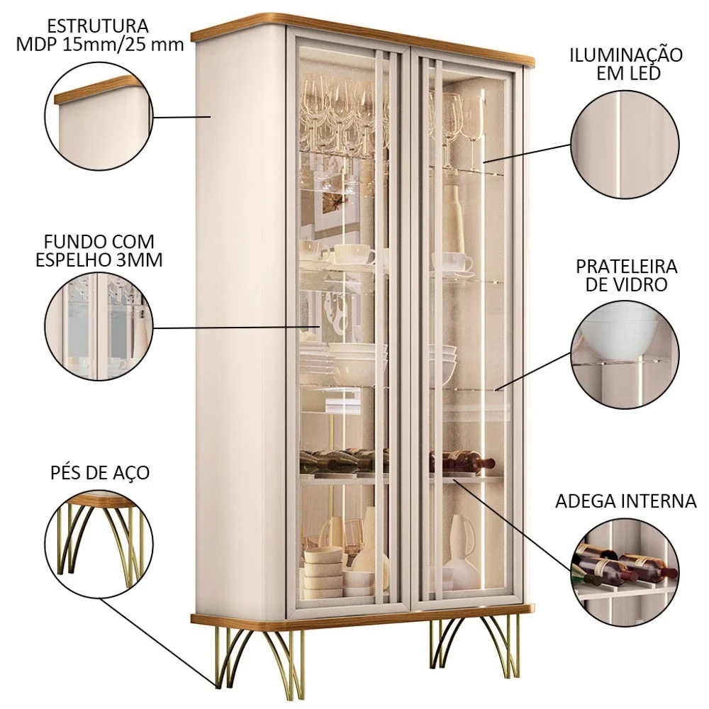 Conjunto Sala de Estar com Cristaleira Agnes H01 Off White/Cinamomo - Mpozenato