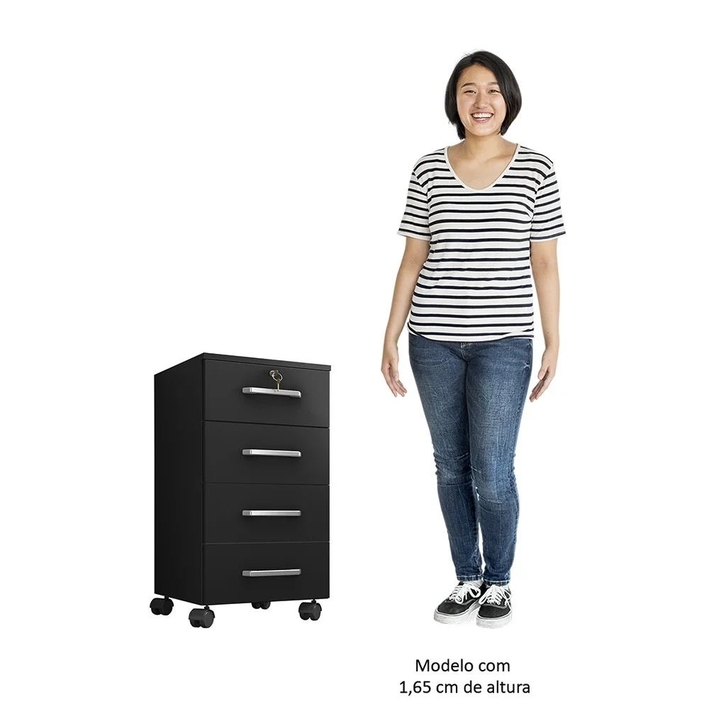 Gaveteiro Escritório 4 gavetas Com Rodízios Kit 2 Gávea Preto Trama - Móveis Leão