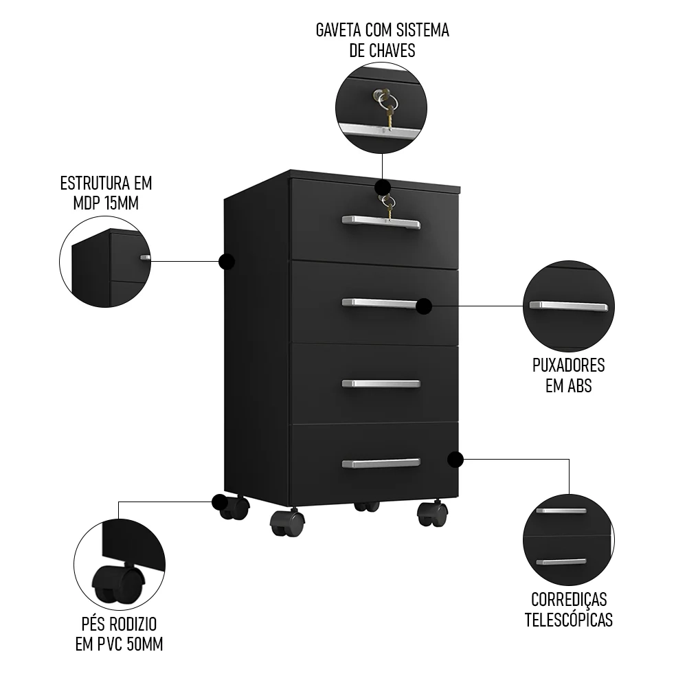 Gaveteiro Escritório 4 gavetas Com Rodízios Kit 2 Gávea Preto Trama - Móveis Leão