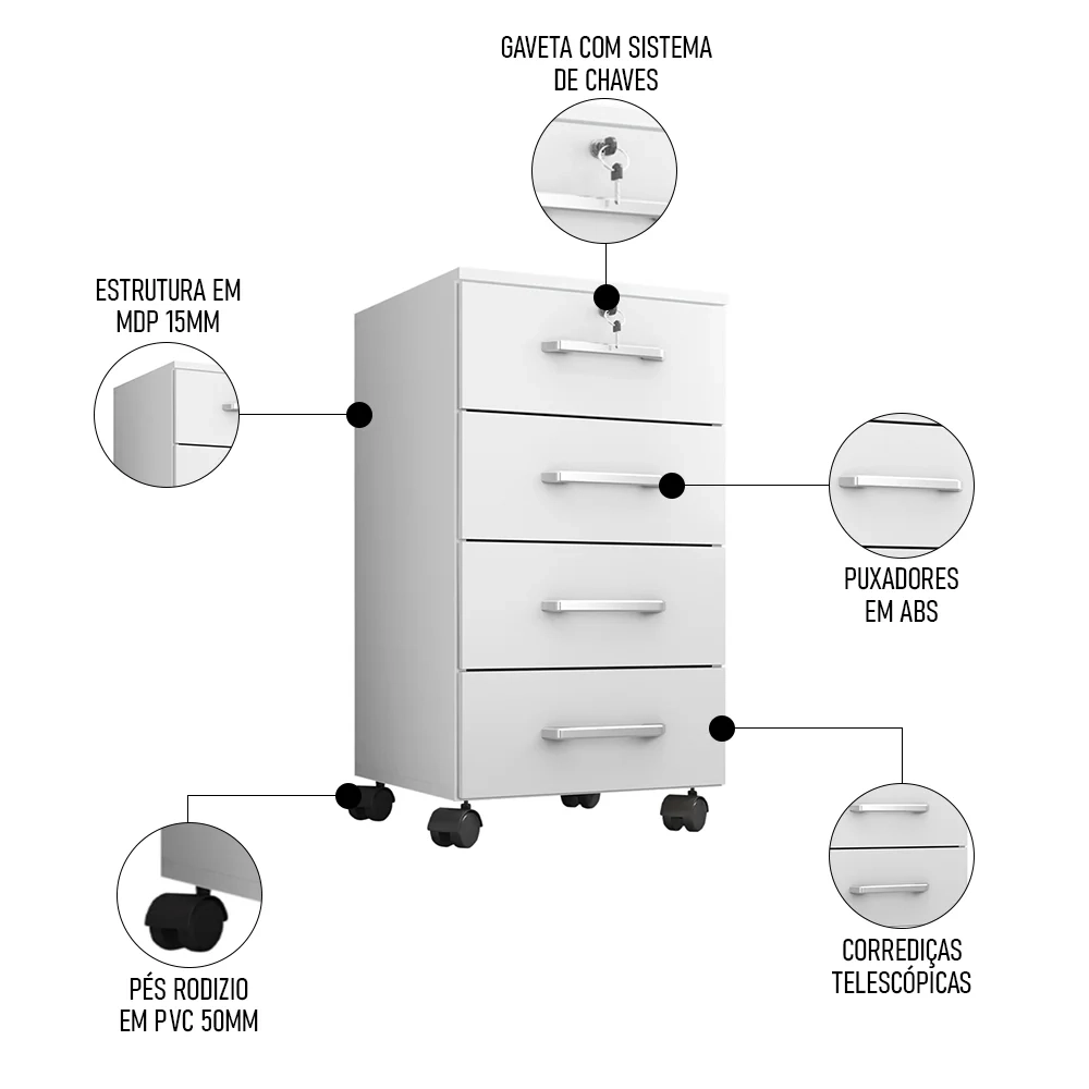 Gaveteiro Escritório 4 gavetas Com Rodízios Kit 2 Gávea Branco Trama - Móveis Leão