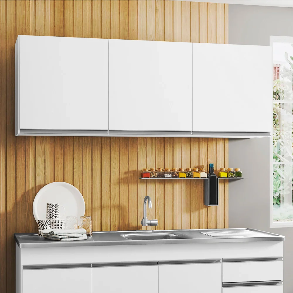 Armário Aéreo de Cozinha 150cm 3 Portas Argélia Branco - Lumil