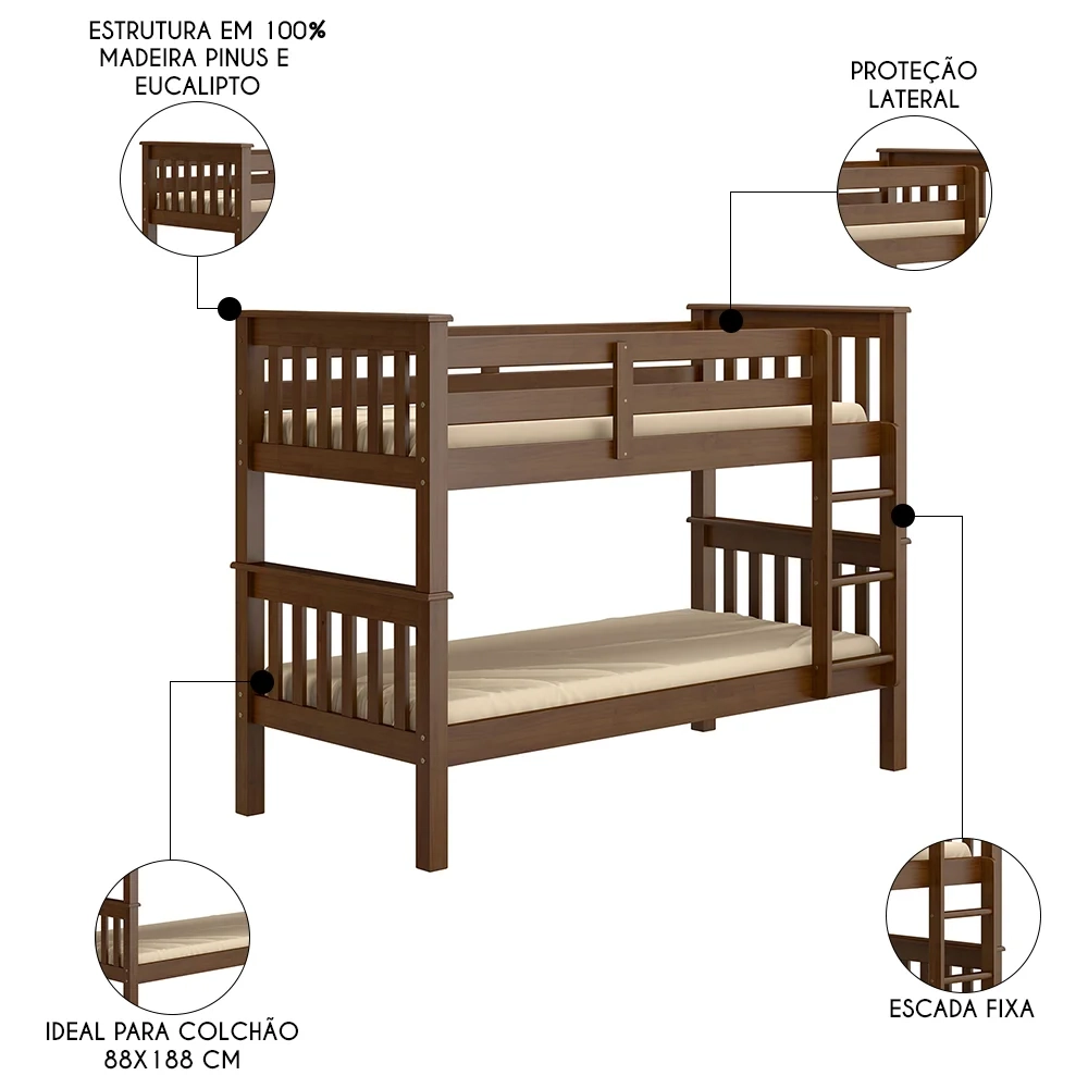 Beliche Solteiro Juvenil com Escada Móvel Bliss Z40 Castanho Acetinado - Mpozenato