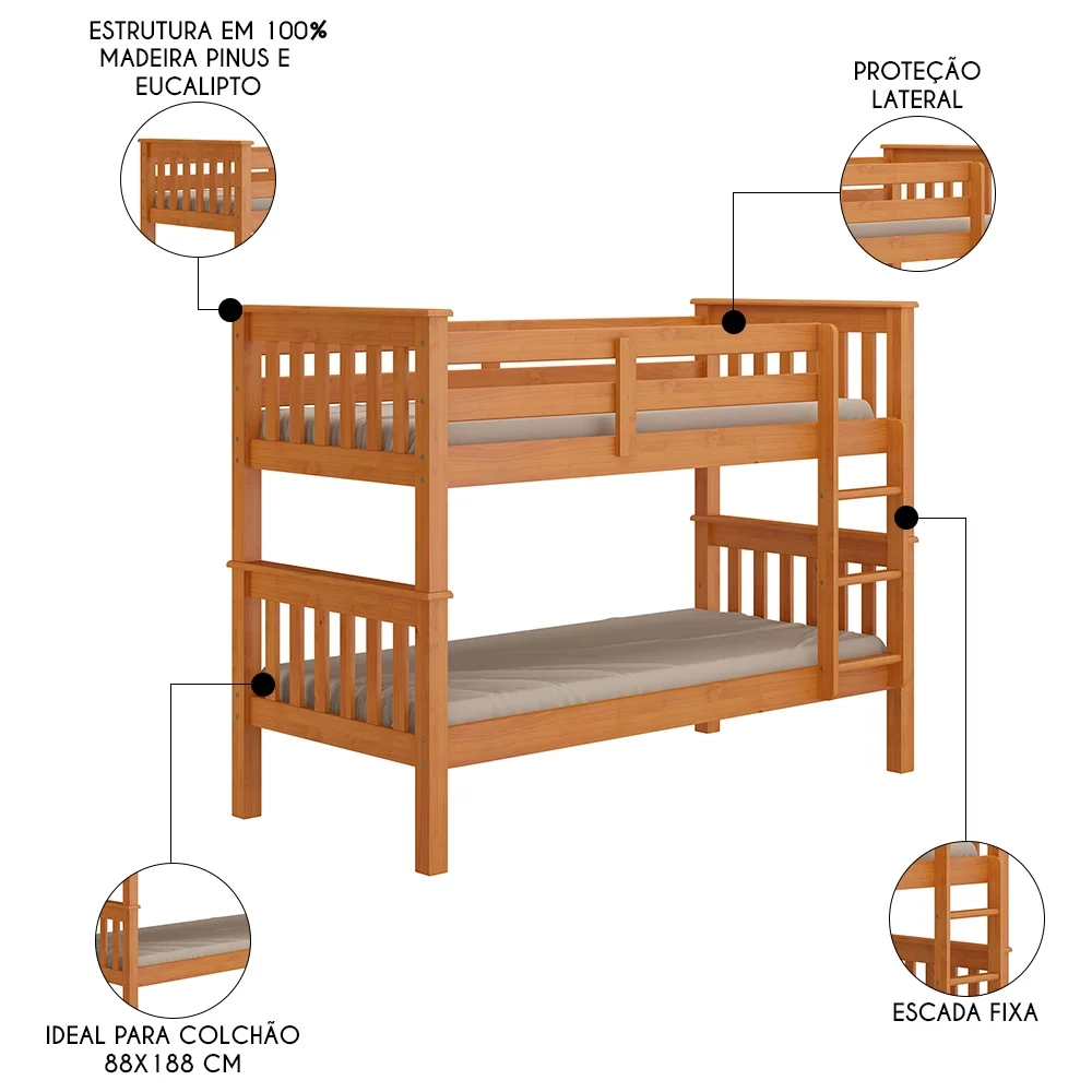 Beliche Solteiro Juvenil com Escada Fixa Bliss Z40 Mel Acetinado - Mpozenato