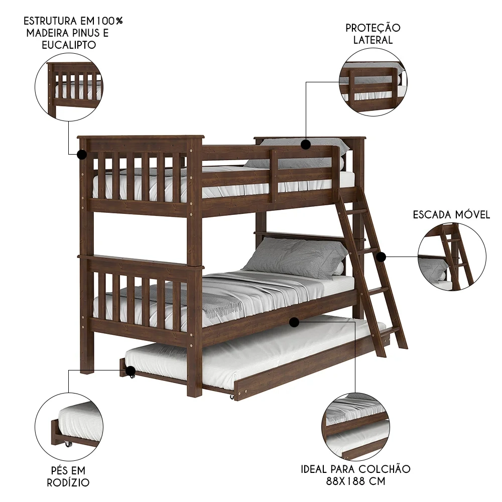 Treliche Solteiro Juvenil com Escada Móvel Joy Z40 Castanho Acetinado - Mpozenato