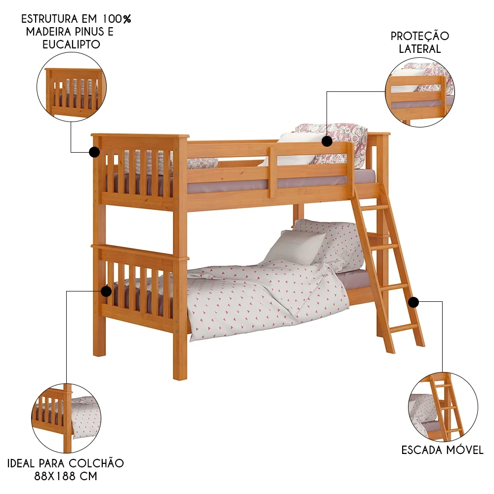 Beliche Solteiro Juvenil com Escada Móvel Joy Z40 Mel Acetinado - Mpozenato