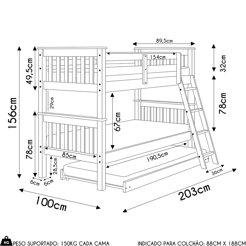 Treliche Solteiro Juvenil com Escada Móvel Joy Z40 Mel Acetinado - Mpozenato