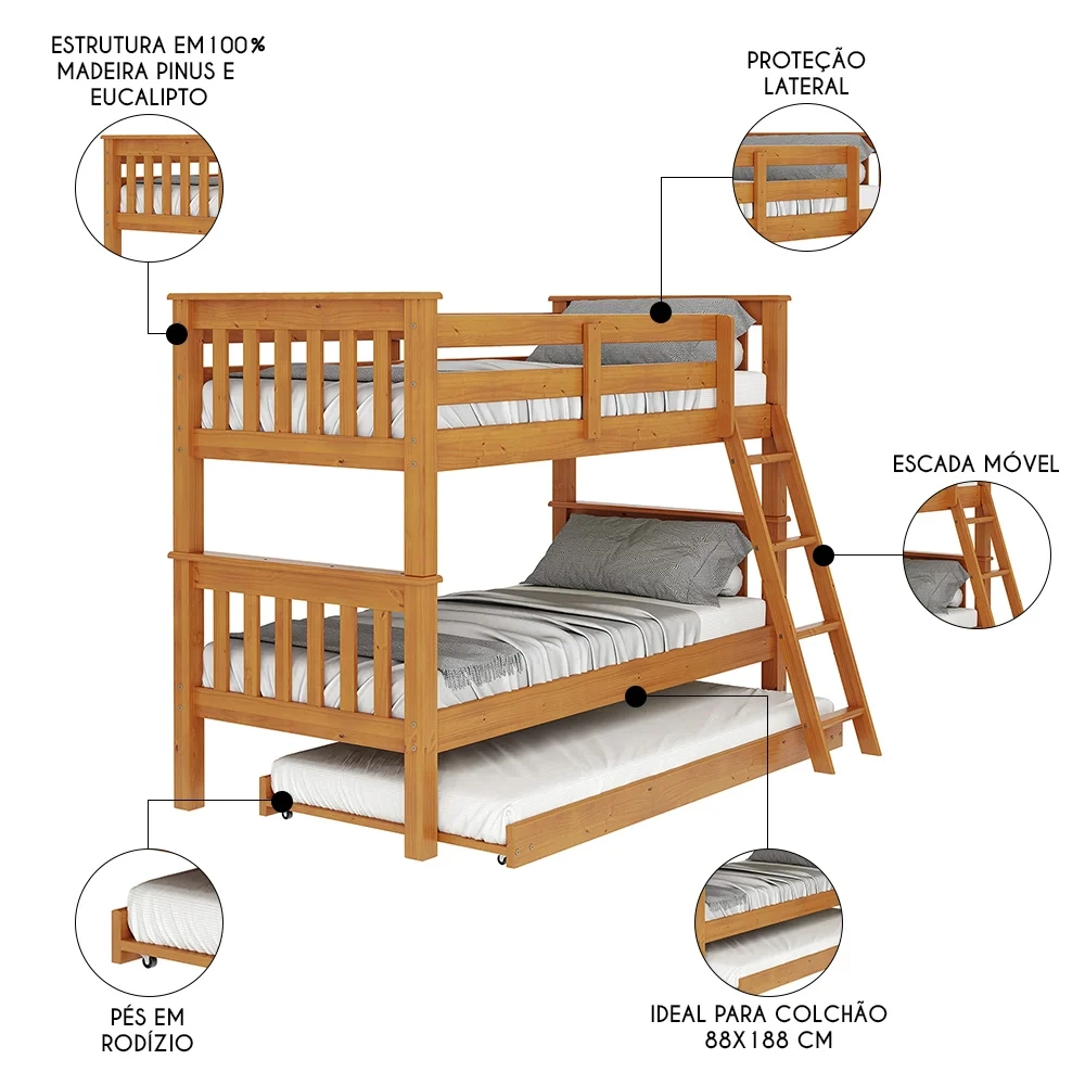 Treliche Solteiro Juvenil com Escada Móvel Joy Z40 Mel Acetinado - Mpozenato