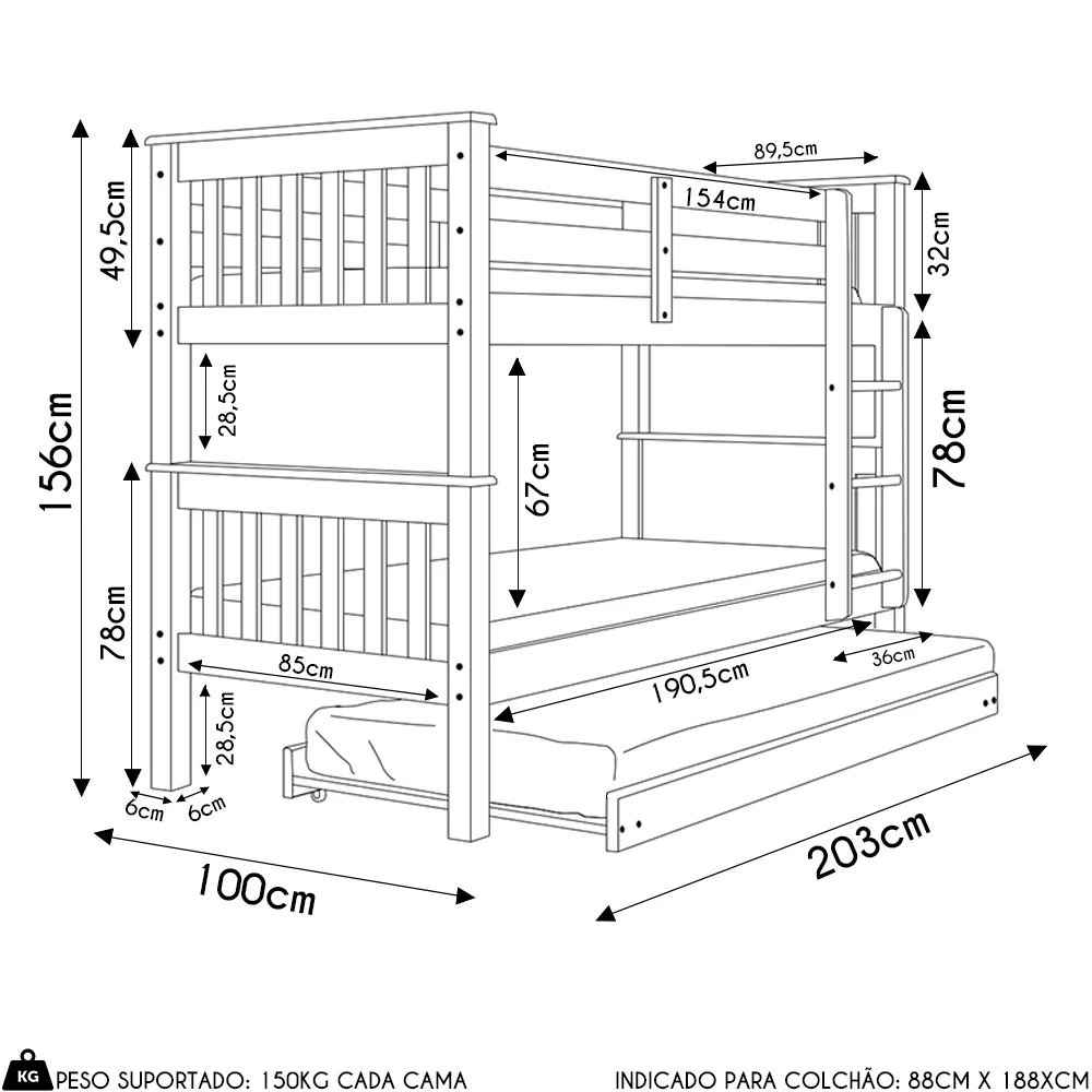 Treliche Solteiro Juvenil com Escada Fixa Bliss Z40 Castanho Acetinado - Mpozenato