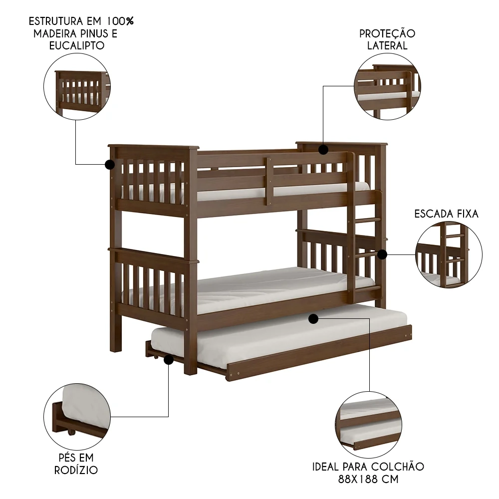 Treliche Solteiro Juvenil com Escada Fixa Bliss Z40 Castanho Acetinado - Mpozenato