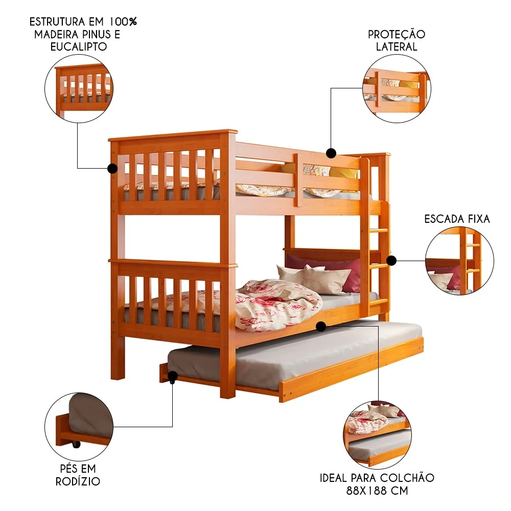 Treliche Solteiro Juvenil com Escada Fixa Bliss Z40 Mel Acetinado - Mpozenato