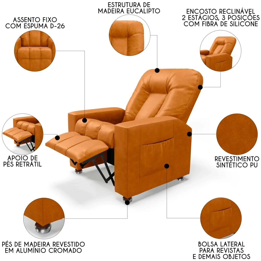 Poltrona do Papai Reclinável Para Cinema Praddo FH9 PU Whisky - Mpozenato