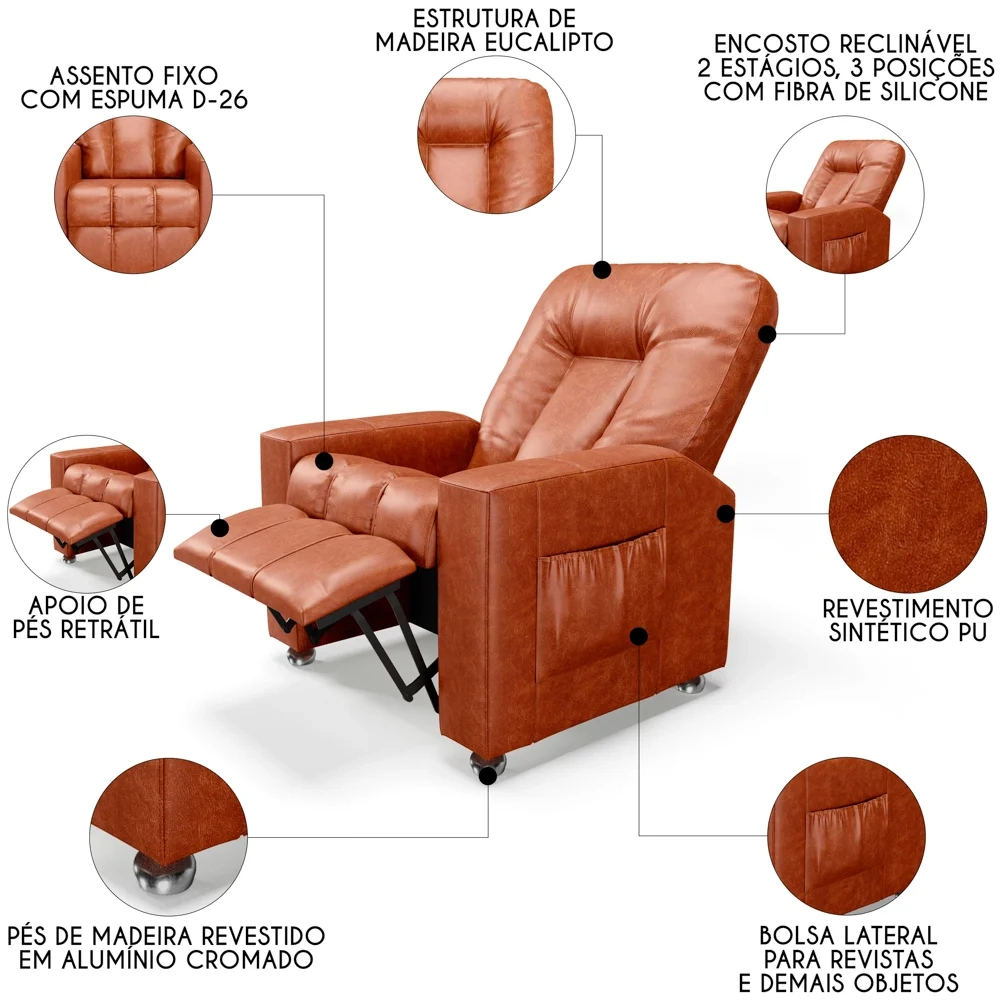Poltrona do Papai Reclinável Para Cinema Praddo FH9 PU Camel - Mpozenato