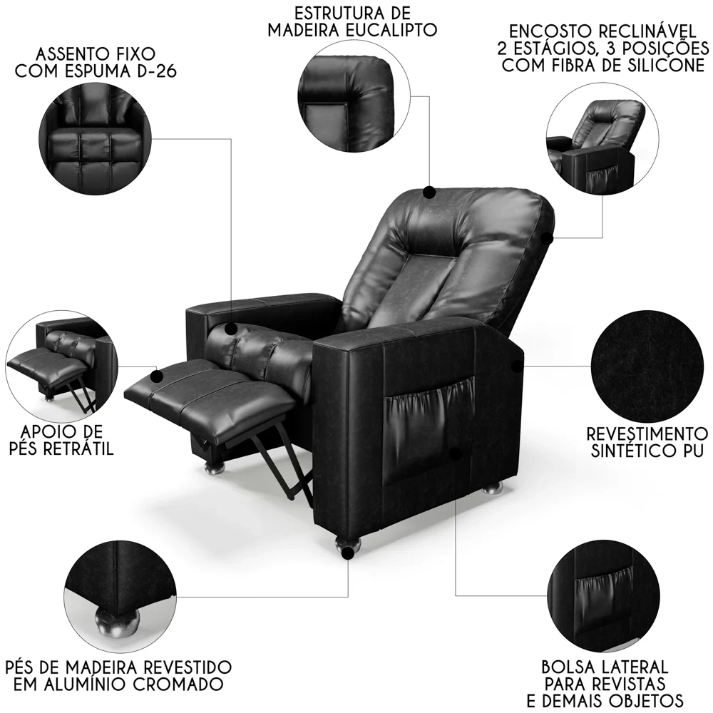Poltrona do Papai Reclinável Para Cinema Praddo FH9 PU Preto Brilho - Mpozenato