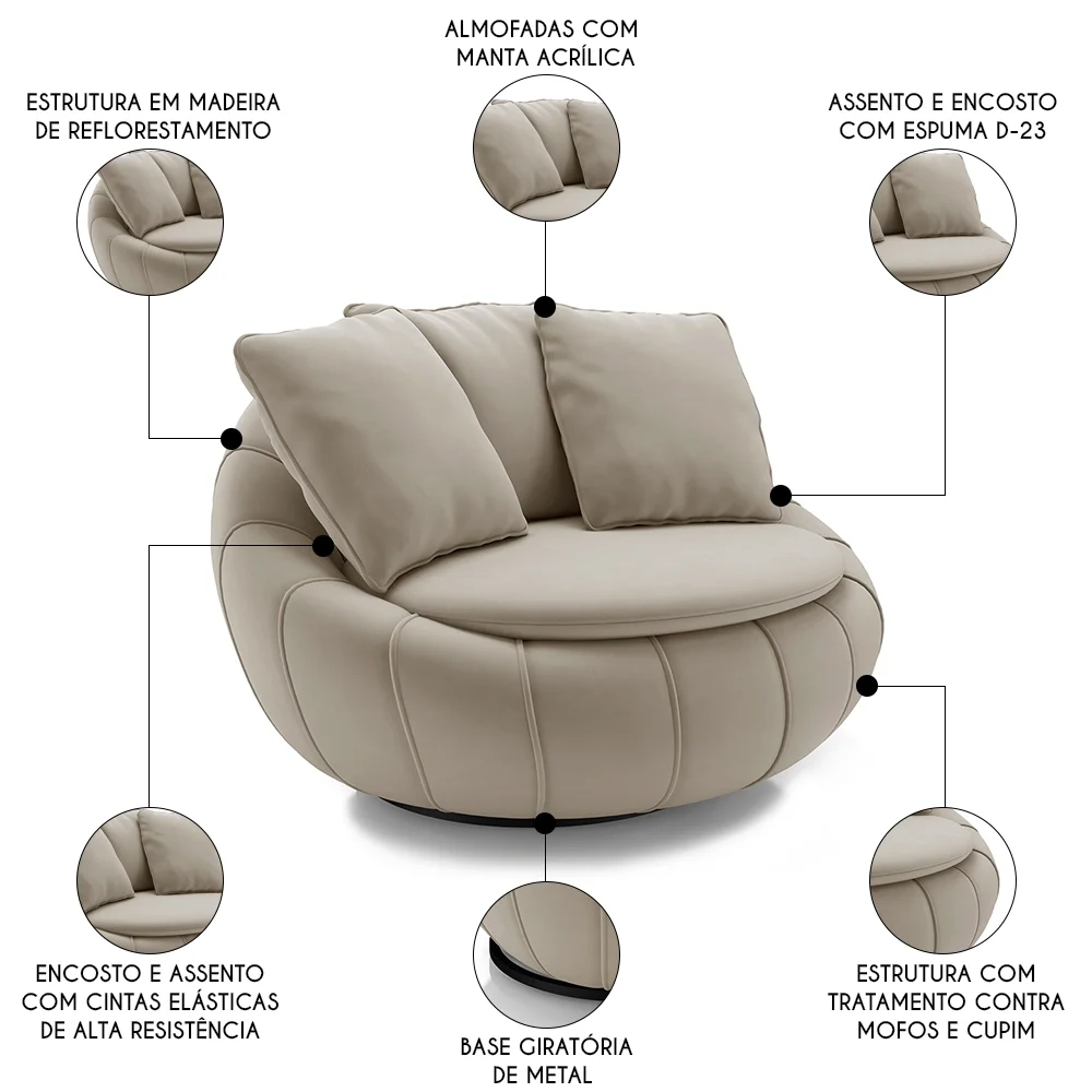Poltrona Decorativa Redonda Giratória com Almofadas Saphire Z32 Veludo Bege - Mpozenato