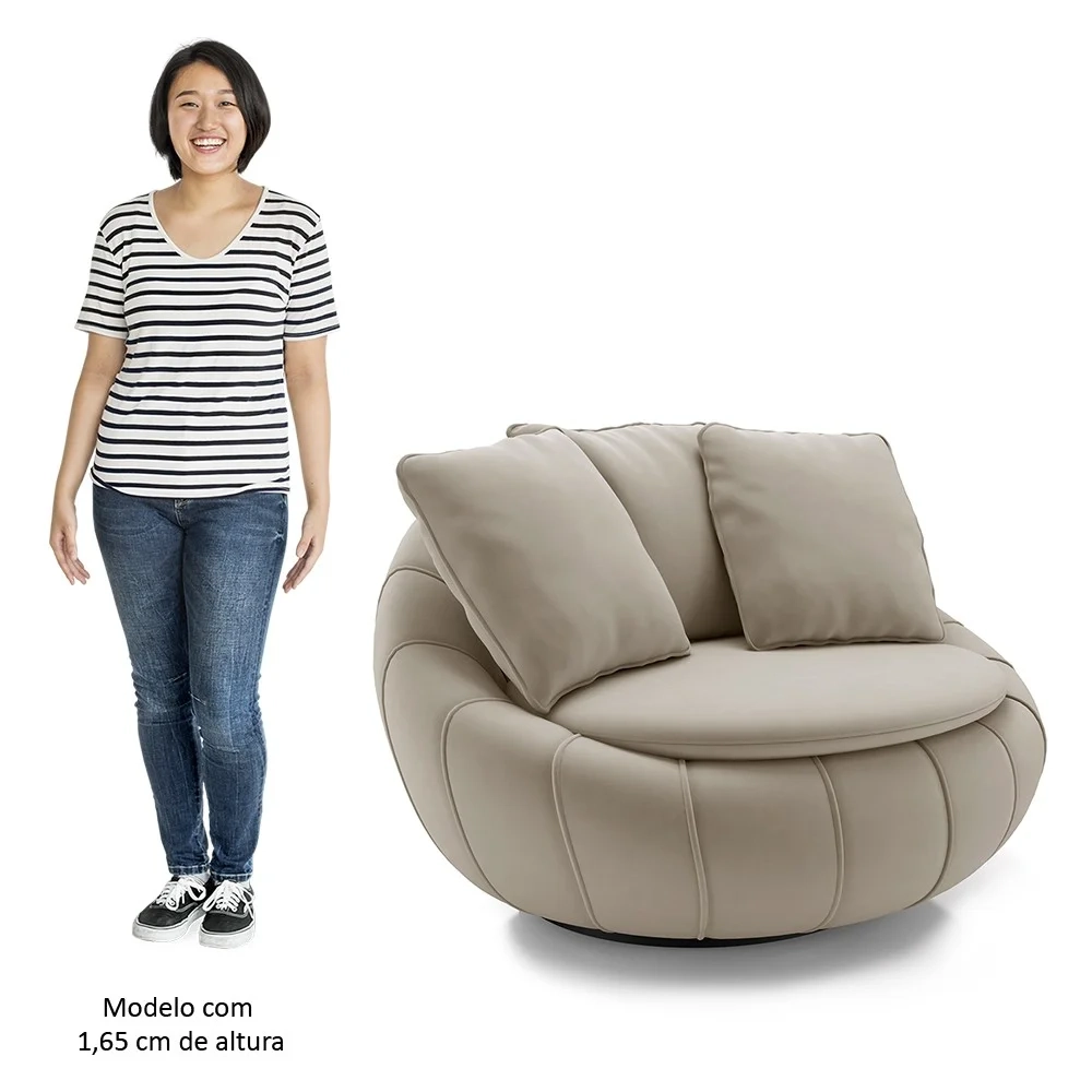 Poltrona Decorativa Redonda Giratória com Almofadas Saphire Z32 Veludo Bege - Mpozenato