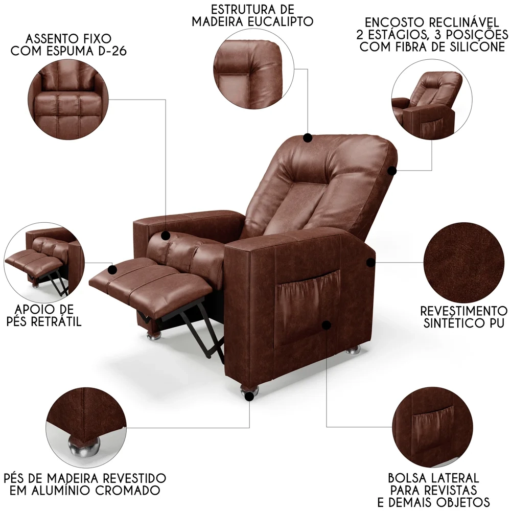 Poltrona do Papai Reclinável Para Cinema Praddo FH9 PU Marrom Brilho - Mpozenato