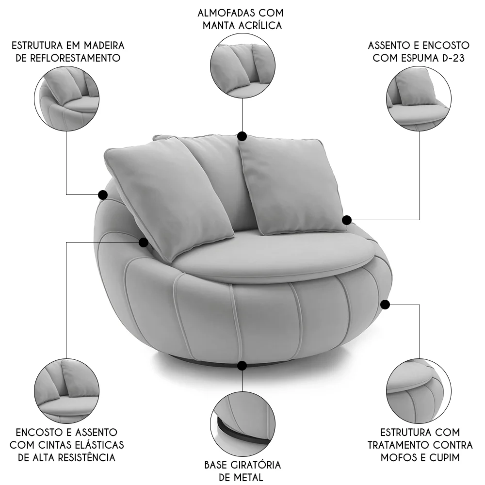 Poltrona Decorativa Redonda Giratória com Almofadas Saphire Z32 Veludo Cinza - Mpozenato