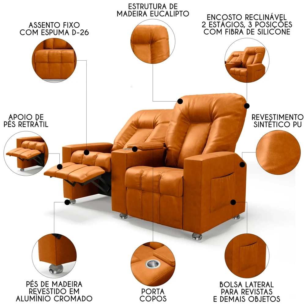 Poltrona Reclinável Para Cinema 2 Lugares Praddo FH9 PU Whisky - Mpozenato