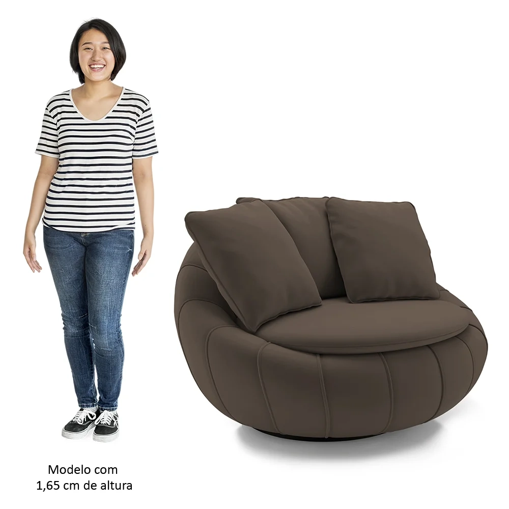 Poltrona Decorativa Redonda Giratória com Almofadas Saphire Z32 Veludo Marrom - Mpozenato