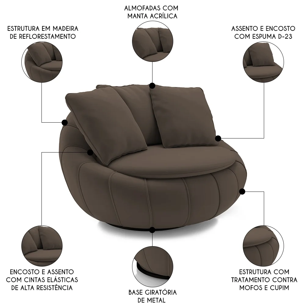Poltrona Decorativa Redonda Giratória com Almofadas Saphire Z32 Veludo Marrom - Mpozenato