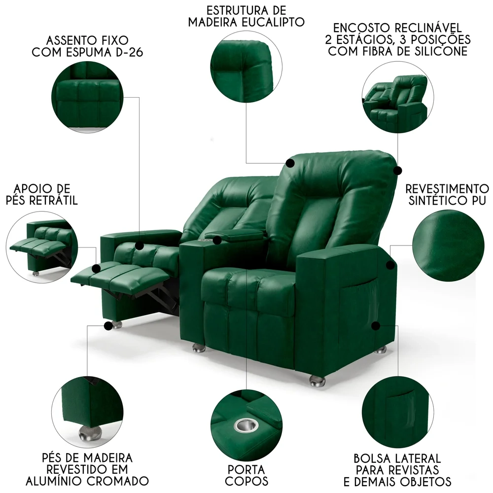 Poltrona Reclinável Para Cinema 2 Lugares Praddo FH9 PU Verde - Mpozenato