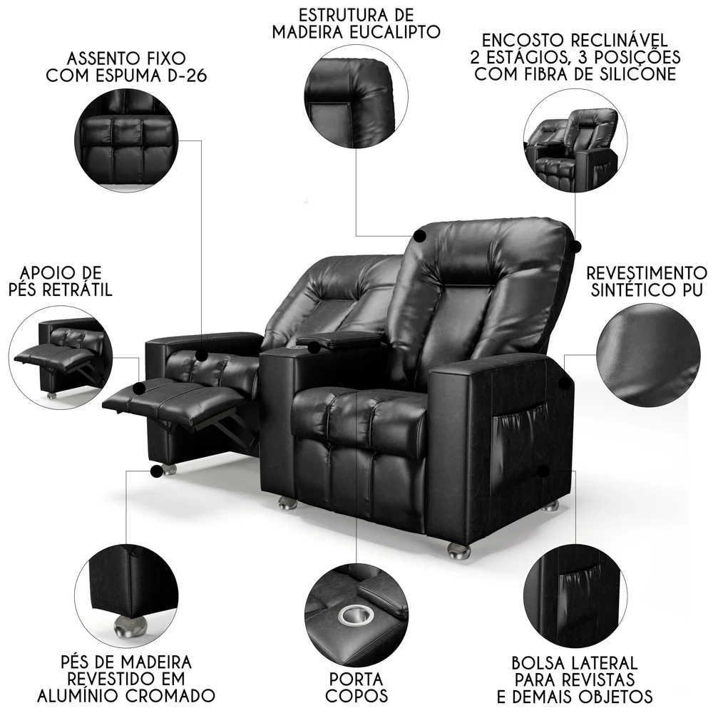 Poltrona Reclinável Para Cinema 2 Lugares Praddo FH9 PU Preto Brilho - Mpozenato