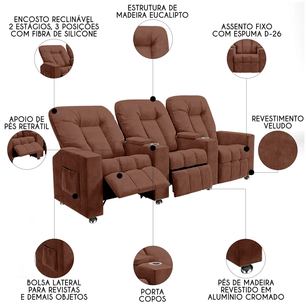 Poltrona Reclinável Para Cinema 3 Lugares Praddo FH9 Veludo Terracota - Mpozenato